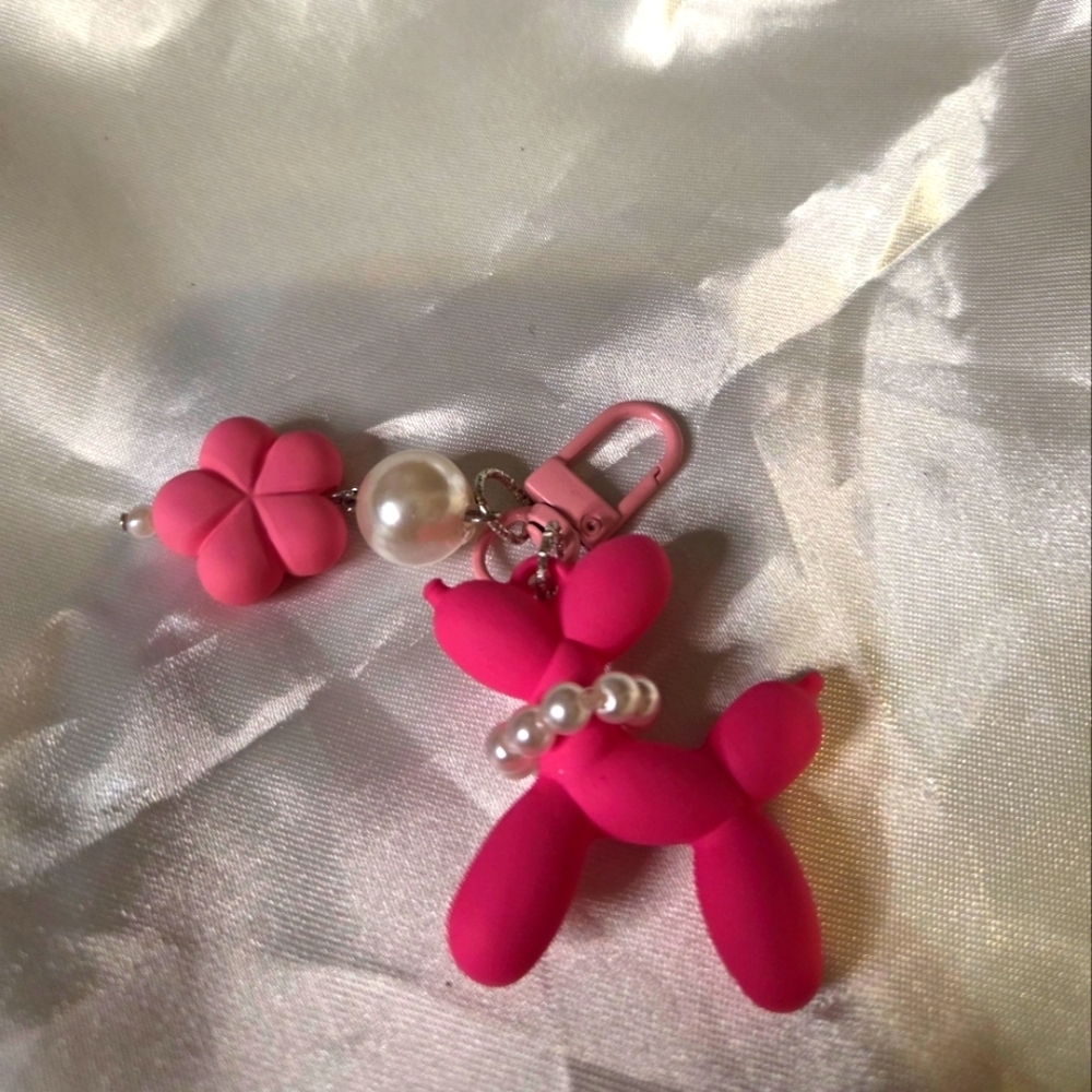 Pink Balloon Dog Keychain with Pearl Necklace Accent